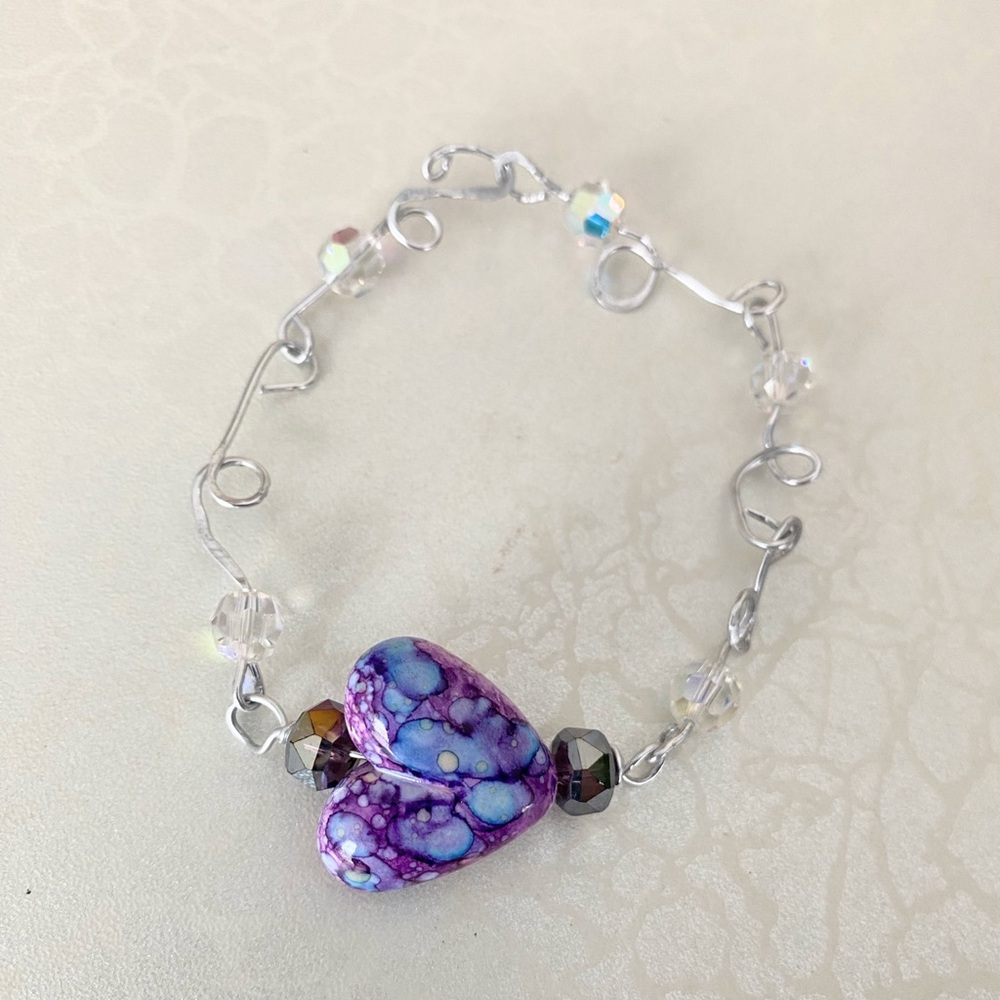 Handcrafted Purple & Blue Heart Bead Bracelet with Silver Accents